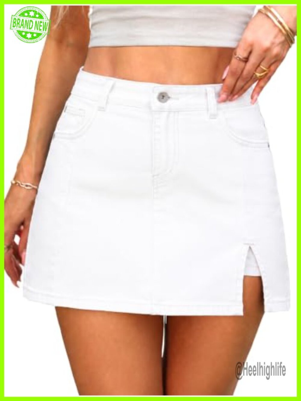 High Waisted Denim Skort with Side Slit, Built-in Shorts, Stretchy Mini Skirt